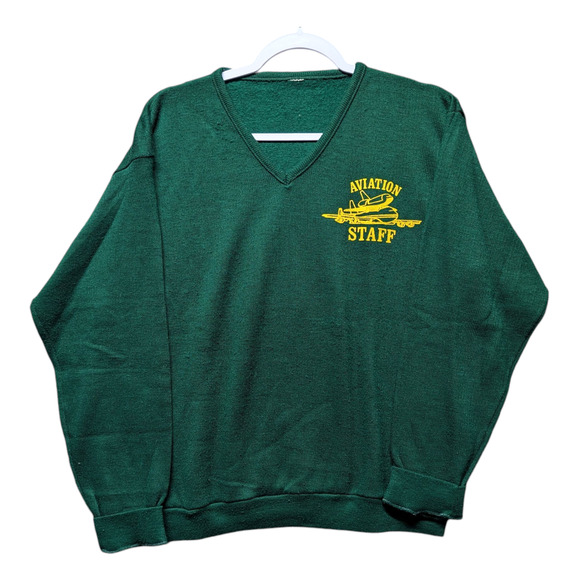 70s Aviation High School Staff V Neck Sweater - Picture 1 of 5